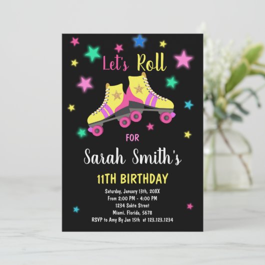 イエローネオンスタースケート誕生日招待状 招待状 (スタンド正面)