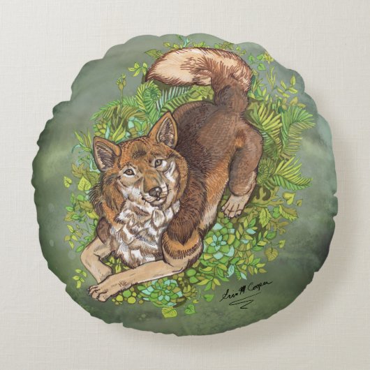 イエローハスキー犬と葉スケッチ ラウンドクッション (正面)