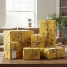 イエローハチミツミツバチとハニカム ラッピングペーパー