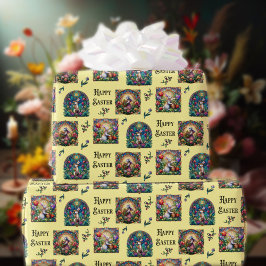 イエローハッピーイースターバニーエレガントステンドグラス ラッピングペーパー