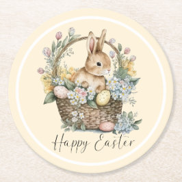 イエローハッピーイースターバニー ラウンドペーパーコースター