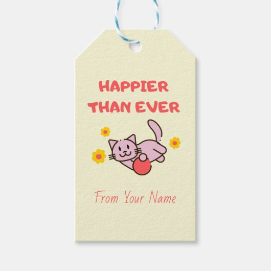 イエローハッピーキャットと花の贈り物ラベル ギフトタグ (正面)