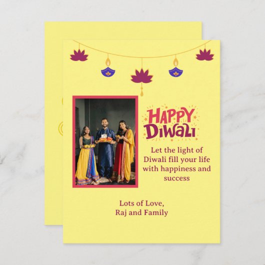 イエローハッピーディワリと家族の写真 シーズンカード (正面/裏面)