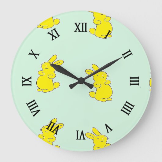イエローハッピーバニーズオンティール（緑がかった色） ラージ壁時計 (正面)