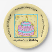 イエローハッピーファーストバースデーケーキの名前パーソナライズされた ペーパープレート (正面)