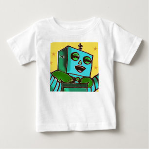 イエローハッピーロボット乳児Tシャツ ベビーTシャツ