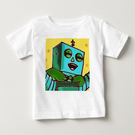 イエローハッピーロボット乳児Tシャツ ベビーTシャツ (正面)