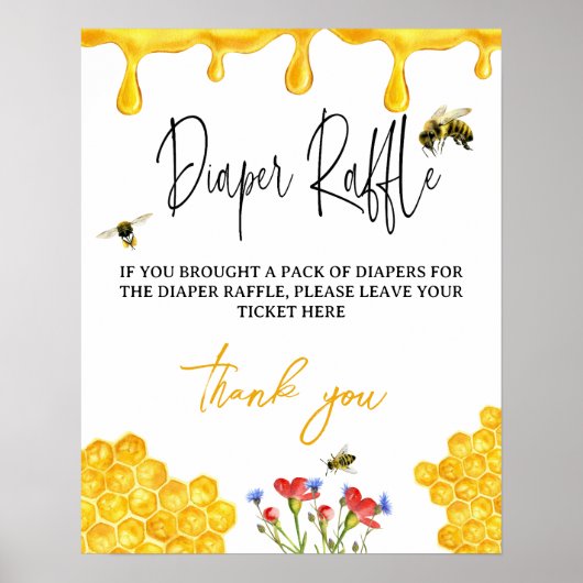 イエローハニービー赤ちゃんシャワーおむつラッフルゲーム ポスター (正面)
