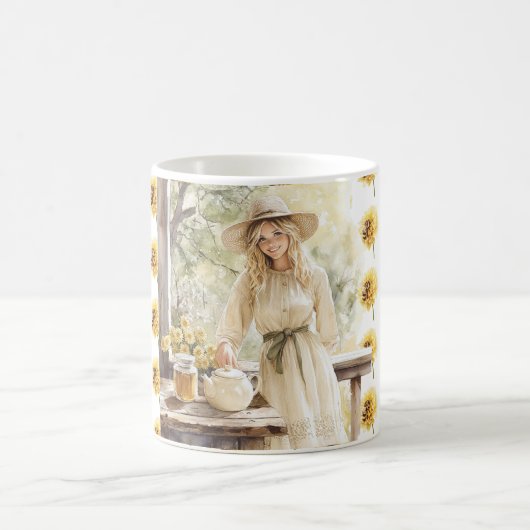 イエローハニー ブロンド 女性 花柄 コーヒーマグカップ (中央)