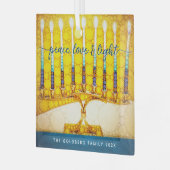 イエローハヌカー(ユダヤ教)メノラーピースラブライトスクリプト ガラスオーナメント (正面左)