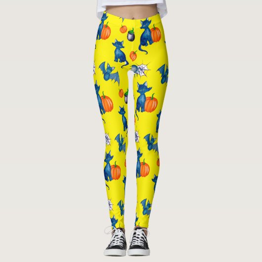 イエローハロウィーンレギンス – ブラックキャット&カボチャ レギンス (正面)