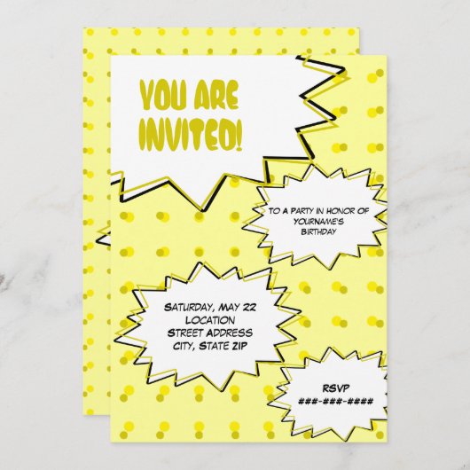 イエローハーフトーポップ・アートのントアート漫画インスパイア招待状 招待状 (正面/裏面)