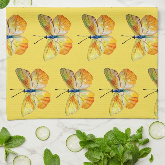 イエローバタフライウォーターカラーアートティータオル キッチンタオル (折り畳み)