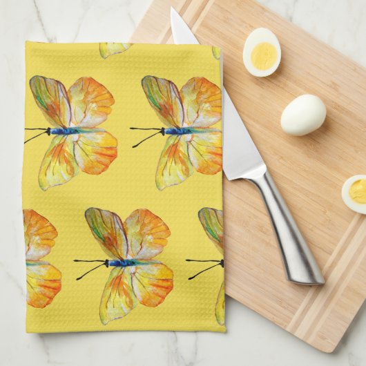 イエローバタフライウォーターカラーアートティータオル キッチンタオル (四つ折り)