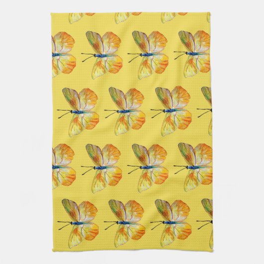 イエローバタフライウォーターカラーアートティータオル キッチンタオル (縦)