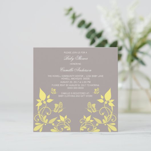 イエローバタフライフローラベビーシャワー招待状 招待状 (スタンド正面)