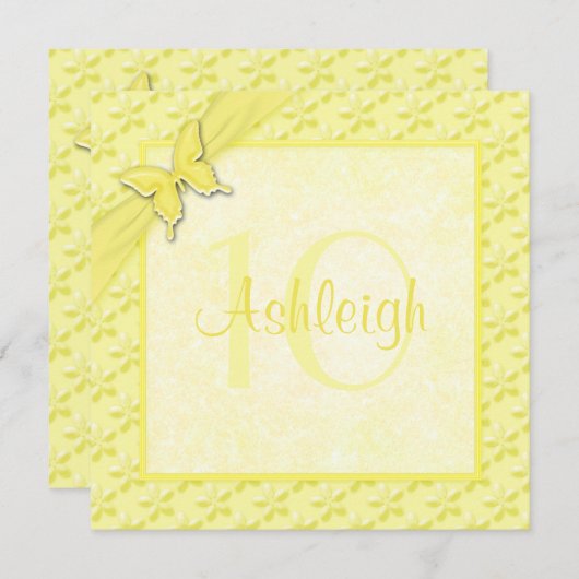 イエローバタフライフローラ10番目の誕生日招待状 招待状 (正面/裏面)