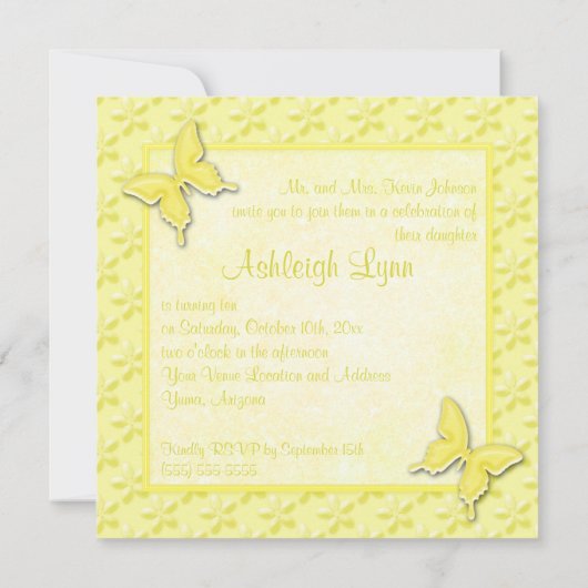 イエローバタフライフローラ10番目の誕生日招待状 招待状 (裏面)