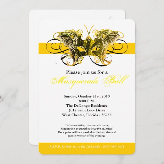 イエローバタフライ仮装マスクの仮装ハロウィーン 招待状 (正面/裏面)