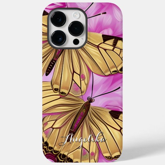 イエローバタフライ ピンクフラワー 名前入り Case-Mate iPhoneケース (裏面)