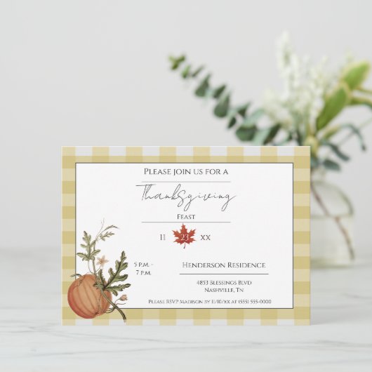 イエローバッファロープレイドパンプキンサンクスギビングディナー 招待状 (スタンド正面)