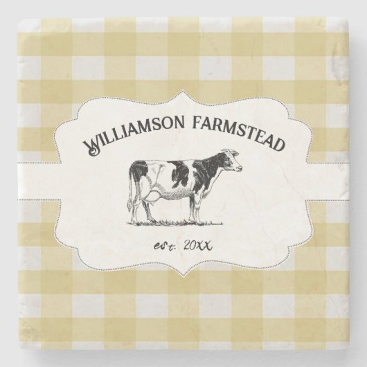 イエローバッファロープレイドファームカウストーンコースター ストーンコースター (正面)