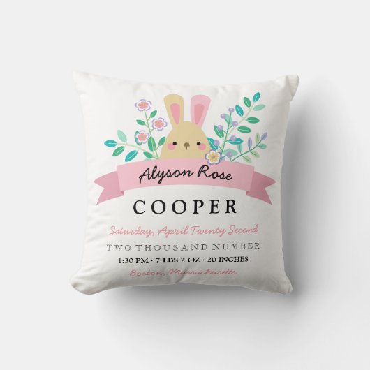 イエローバニー&フラワーズかわいらし誕生統計 クッション (正面)