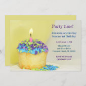 イエローバルーンブルーカップケーキ誕生日招待状 招待状 (正面/裏面)