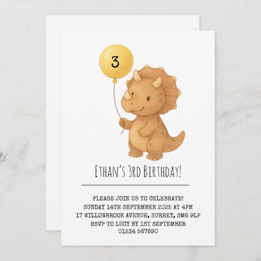 イエローバルーン付きかわいいトリケラトプス誕生日 招待状 (正面/裏面)