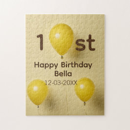 イエローバルーン 1歳 誕生日 名前 日付 テキスト入り ジグソーパズル