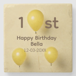 イエローバルーン 1歳 誕生日 名前 日付 テキスト入り ストーンコースター