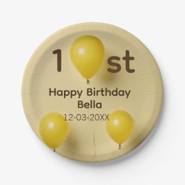 イエローバルーン 1歳 誕生日 名前 日付 テキスト入り ペーパープレート