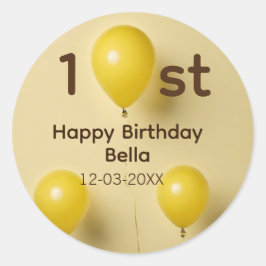 イエローバルーン 1歳 誕生日 名前 日付 テキスト入り ラウンドシール