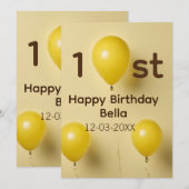 イエローバルーン 1歳 誕生日 名前 日付 テキスト入り 招待状 (正面/裏面)