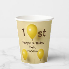 イエローバルーン 1歳 誕生日 名前 日付 テキスト入り 紙コップ