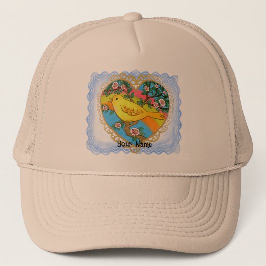 イエローバードハートおばあちゃん帽子 キャップ (正面)