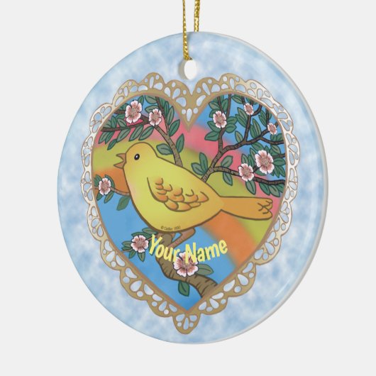 イエローバードハート名前をカスタムする セラミックオーナメント (左)