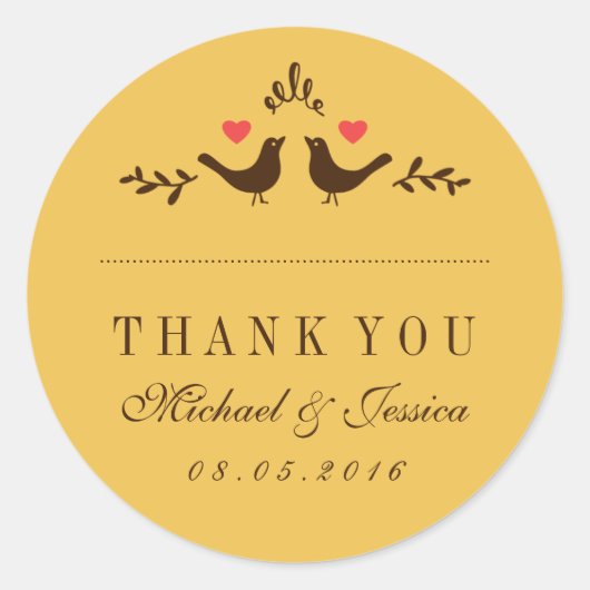 イエローバード小ハート結婚の感謝ステッカー ラウンドシール (正面)
