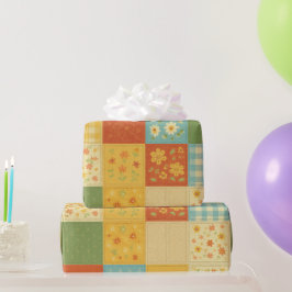 イエローパッチワークキルト ラスティックファームハウス フローラル ラッピングペーパー