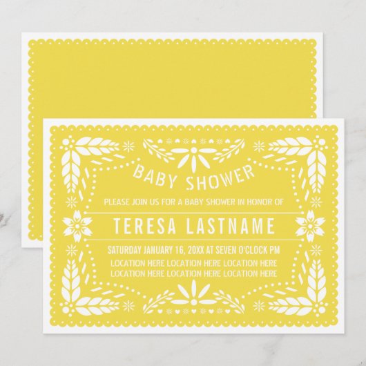 イエローパペルピカドメキシコのニュートラルベビーシャワー 招待状 (正面/裏面)