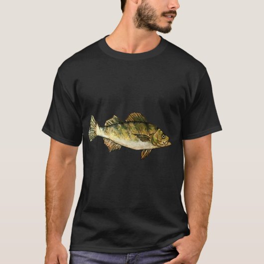 イエローパーチの魚の絵 - ダークグリーン Tシャツ (正面)