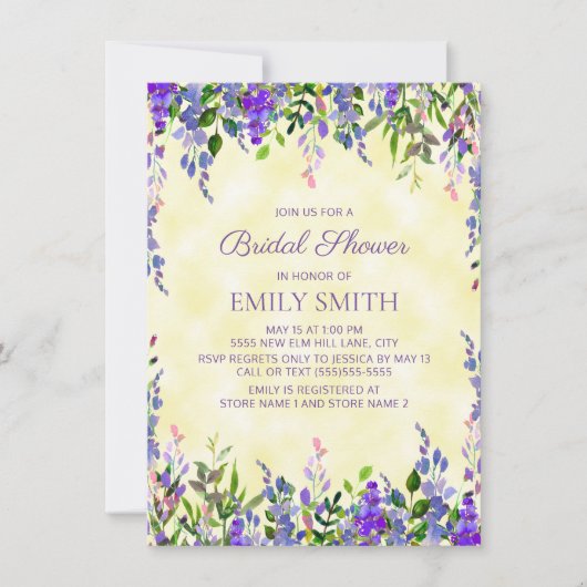 イエローパープルウォーターカラーフローラブライダルシャワー 招待状 (正面)
