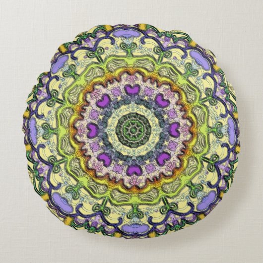 イエローパープルクラシックのピロリ伝統的ー ラウンドクッション (正面)