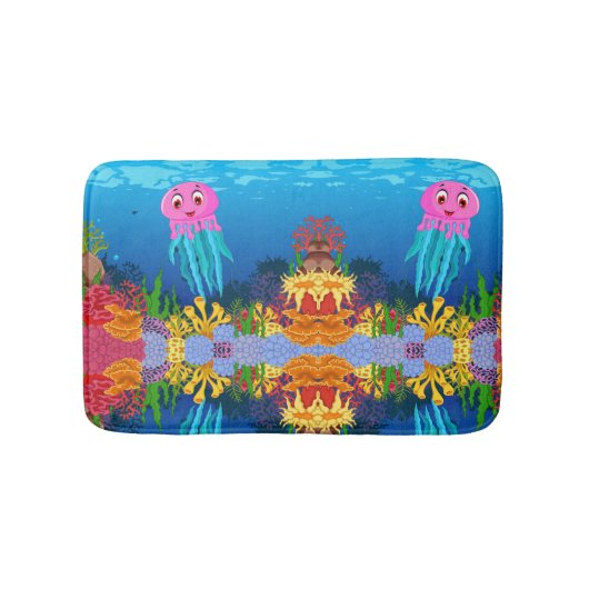 イエローパープルグリーンコーラルリードとピンククラゲ バスマット (正面)