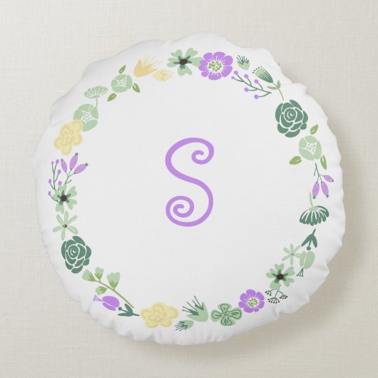 イエローパープルグリーンフローラリースモノグラム枕 ラウンドクッション (裏面)