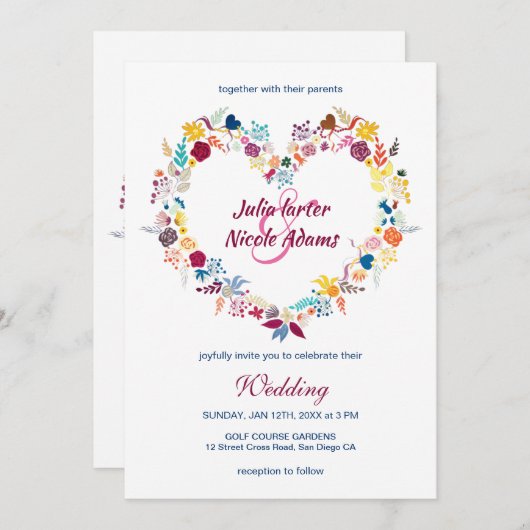 イエローパープルグリーン春の花ラース結婚ズ 招待状 (正面/裏面)