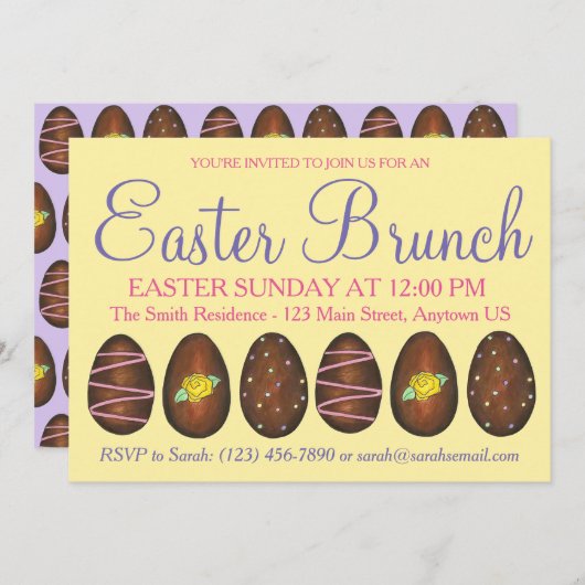 イエローパープルバタークリームイースターバスケットエッグブランチ 招待状 (正面/裏面)