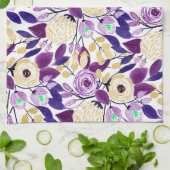 イエローパープルフローラブーケ水彩模様 キッチンタオル (折り畳み)