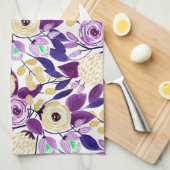 イエローパープルフローラブーケ水彩模様 キッチンタオル (四つ折り)