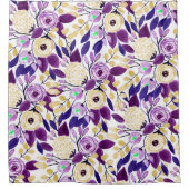 イエローパープルフローラブーケ水彩模様 シャワーカーテン (正面)